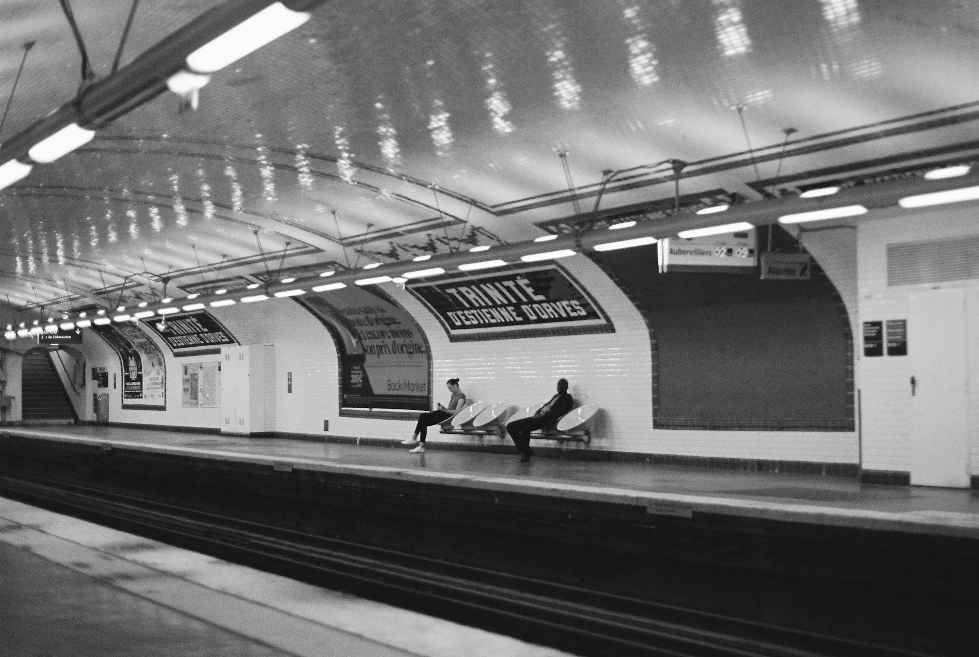 A train station in black and white