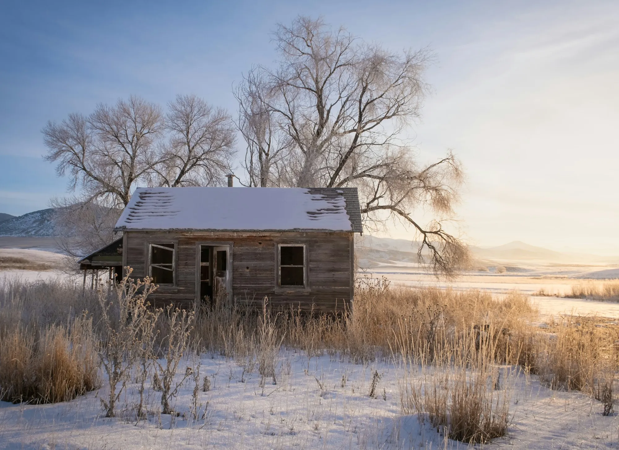 A snowy cabin alone in a field