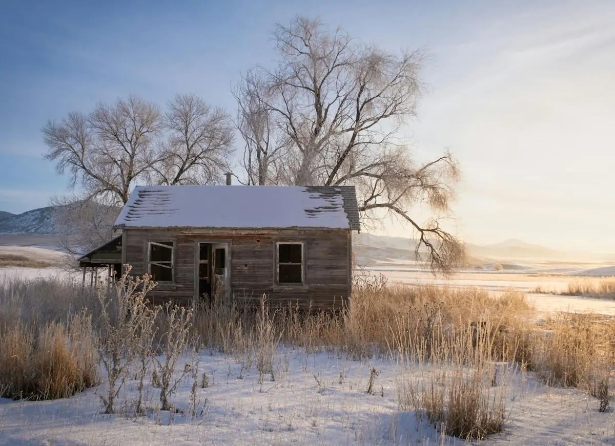 A snowy cabin alone in a field