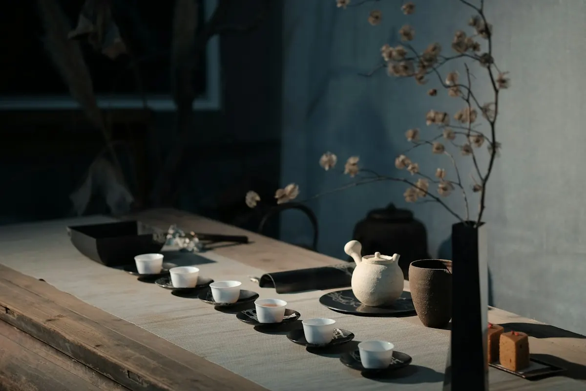 A tea set on a wooden tray
